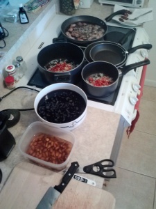 Beans and almonds soaking, veggies simmering. A good day int he kitchen.